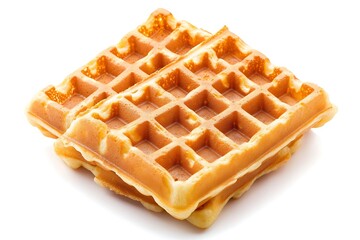 Golden Belgian waffle dessert on a white background. Crispy crust and fluffy texture.