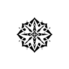 Obraz premium Intricate black and white floral mandala pattern radiating outward, centered on a minimalist white backdrop, with geometric shapes.