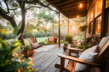 Fototapeta premium A cozy country house with a wrap-around porch, rocking chairs, and a swing hanging from an old tree in the yard