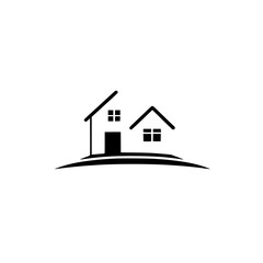 Minimalist black and white house logo, featuring two homes on a gentle hill, perfect for real estate, architecture, and housing companies.