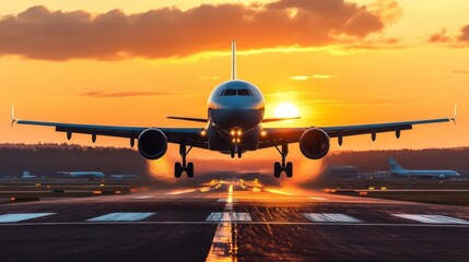 Airplane Taking Off into the Sunset Sky on Empty Airport Runway - Concept of Freedom and Adventure