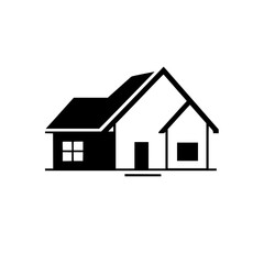 A simplified monochrome illustration of a house featuring a black roof, contrasting white walls, and minimalist design, conveying a modern aesthetic.