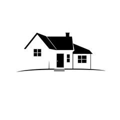 Minimalist black and white vector illustration of a house featuring gabled roof, chimney, windows and door against a white background.