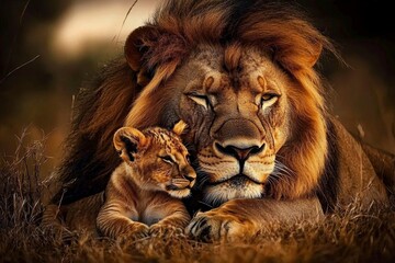 In the heart of a lush meadow, a lion and its cub engage in affectionate interaction.