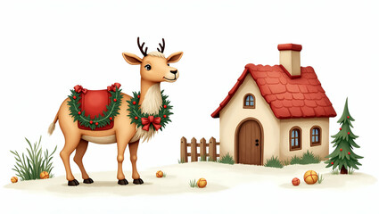 Naklejka premium Charming Flat Watercolor Illustration of a Camel with Wreath Beside a Whimsical House - Perfect for Festive Holiday Themes and Seasonal Decor