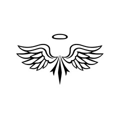 Black and White Line Art Illustration of Angel Wings and Halo, Symbolizing Spirituality and Divine Grace on White Background.