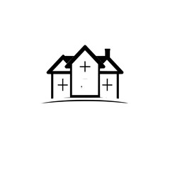 Simple black and white minimalist house illustration with cross-shaped windows and a chimney, set on a subtle curved line, against a white background.
