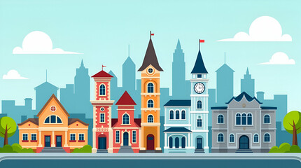 Fototapeta premium Explore Iconic Global Landmarks: A Diverse Travel Photography Collection Showcasing Famous Architecture in Simple Flat Vector Illustrations for Smart Business Insights