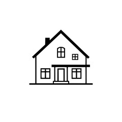 Minimalist Black and White Illustration of a Classic House with Gable Roof, Chimney, Windows, and Door, on a Clean White Background.