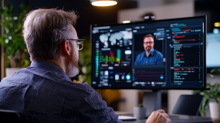 Naklejka premium Focused Person in Video Conference with Data Charts on Large Screen
