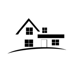 Minimalist Black and White Vector Illustration of a Modern House Design on a Curving Hill.