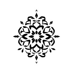 Symmetrical Black and White Floral Mandala Design with Bold, Curvilinear Lines and Radial Symmetry on a White Background, Geometric Ornament.