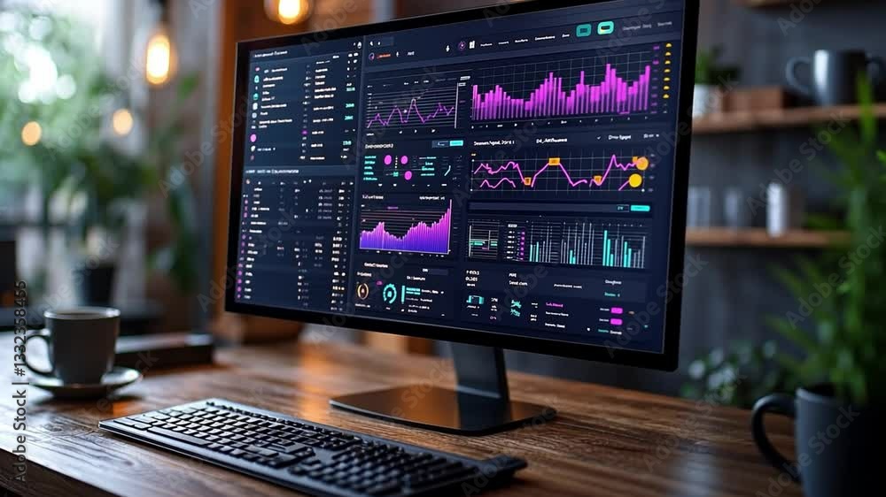 Poster data analytics dashboard displaying graphs and metrics in a modern workspace during daytime