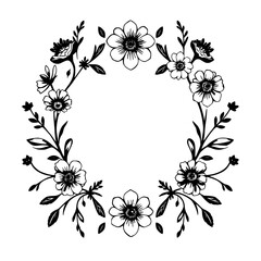 Elegant Black and White Floral Wreath with Detailed Ink-Drawn Flowers, Leaves, and Stems in Symmetrical Circle Design.