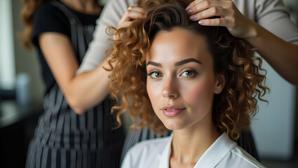 Fototapeta premium Stylish Hair Treatment: Flat Hairdresser and Beautiful Client in Fashion Salon - A Vector Illustration Showcasing Personal Grooming and Confidence Boosting Beauty Outcomes