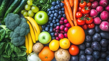 A vibrant rainbow of fruits and vegetables, showcasing the diversity in colors for healthy eating and dieting, with each color representing different types of fresh produce including green apples, yel