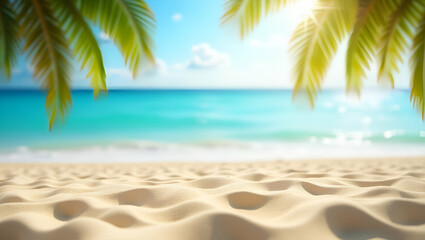 Obraz premium Tropical Beach Bokeh: Relaxing Sand and Blurred Palm Trees for Summer Vacation Travel Visuals