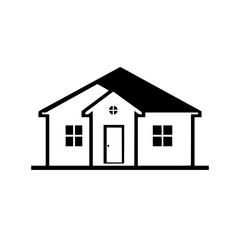 Simple Monochrome House Logo Illustration: A geometric, symmetrical house design with black roof, windows, and door on a white background, conveying minimalism.