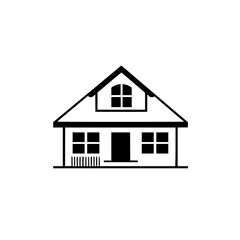 Minimalist Black and White House Illustration Featuring a Simple Home Facade with Windows, Door, and Gable Roof on a Plain White Background.