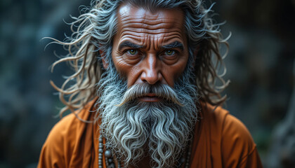 Person with Grey Beard and Orange Garment Standing Outdoors with Beaded Necklace