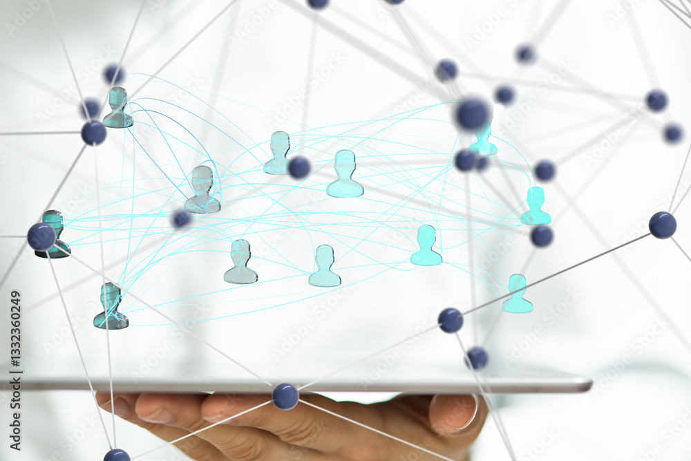 Poster Global network. Blockchain. 3D illustration. Neural networks and artificial intelligence. Abstract