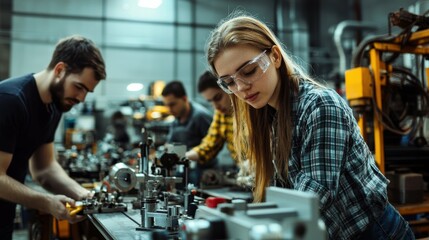 Team collaborating on large engineering project factory workshop action shot industrial setting close-up innovation