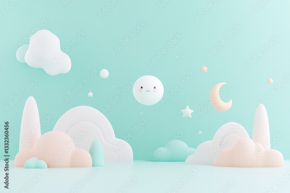 Poster create 3d illustration of whimsical character floating in space with serene expression surrounded by