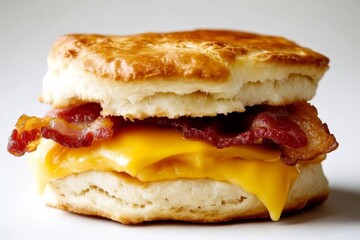 Delicious breakfast biscuit sandwich with crispy bacon, melted cheese, soft fluffy biscuit on plain white background