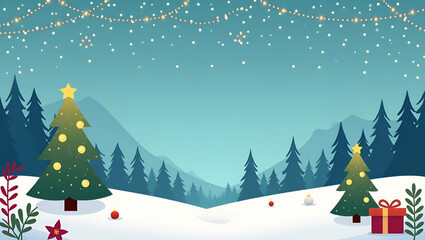 Naklejka premium Flat Christmas Landscape Background: Capturing the Festive Holiday Spirit with Cute Vector Illustrations of Winter Scenery and Seasonal Decorations