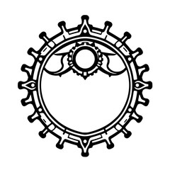 Intricate Black and White Circular Ornamental Gear Featuring a Detailed Central Element, Complex Patterns, and a Blank Space for Design Elements, Isolated.