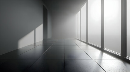 Modern Minimalist Hallway Interior with Bright Sunlight and Dark Floor