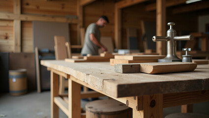 Serene Workspace: Vintage Filter Image of a Furniture Woodworking Workshop with Carpenters Crafting Precision Timber Structures and Rustic Charm - Photo Stock Concept