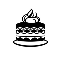 Stylized black and white graphic of a layered cake with decorative frosting and scalloped design, presented on a simple plate.