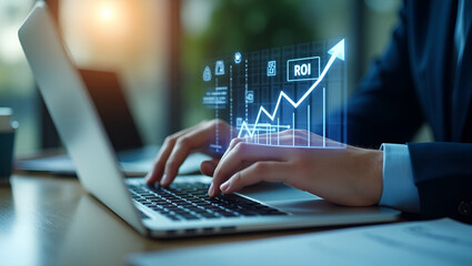 Flat Hand Typing on Laptop with Holographic ROI Graph: Analyzing Business Strategy and Financial Success Icons in a Simple, Cute Vector Illustration for Smart Business Insights