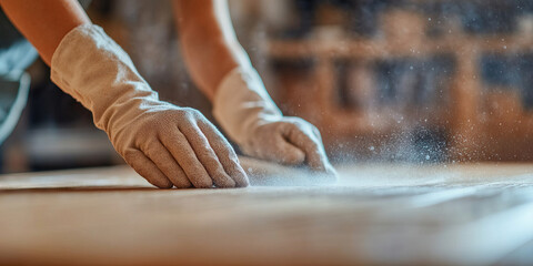 Hands Sanding Wood Surface with Dust