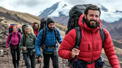 Determined hiking team approaches summit in stunning mountain landscape captured from ground level