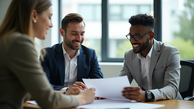 Flat Professional young business man manager financial advisor consulting client having conversation sitting at work meeting. Two busy happy diverse male employees checking documents talking in office