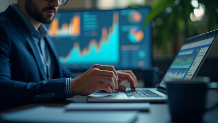 Fototapeta premium Businessman using computer to concept of fund financial investment management portfolio diversification. concept as Businessman manages financial investments on computer focusing on fund management po