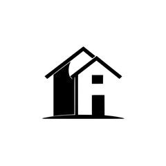 A minimalist graphic design featuring two overlapping stylized houses in a stark black and white composition with clean lines.