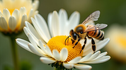 Stunning Autumn Garden: Bee Collecting Nectar from White Chrysanthemum Flowers - A Beautiful Display of Pollination and Nature's Splendor in Stock Photography with Space for Text