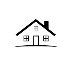 Minimalist black and white illustration of a house with a pitched roof, chimney, and three windows.