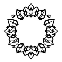 Intricate Black and White Floral Ring Design, Circular Composition, Geometric Leafy Pattern on White Background.