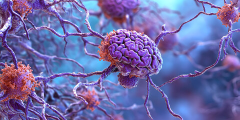 Cancer research, human cells under microscope, cancer biology visualization, Medical research on cancer cells, cancer treatment visualization, biological research concept