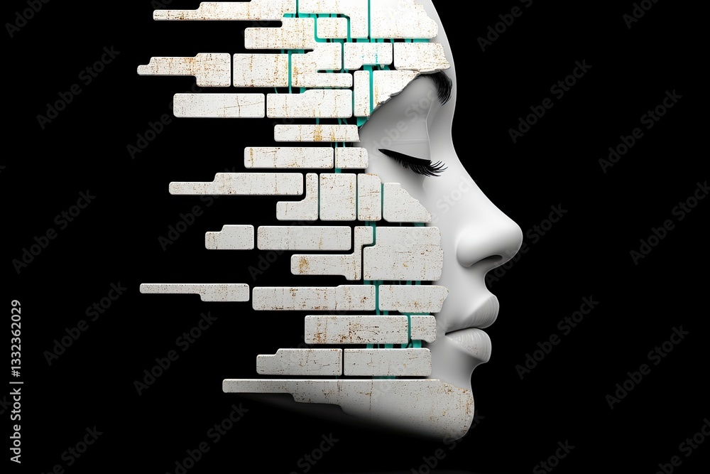 Poster abstract representation of a female face emerging from fragmented blocks symbolizing technology, ide