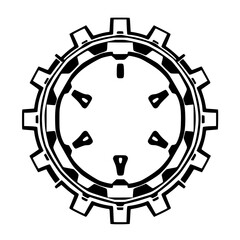 Bold Black and White Gear Icon with Intricate Internal Detailing, Clean and Minimalist Design on White Backdrop.