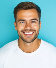 Fototapeta premium Smiling Man, White TShirt, Blue Background, Happy Face, Clean Shave, Perfect Teeth, Attractive Male,