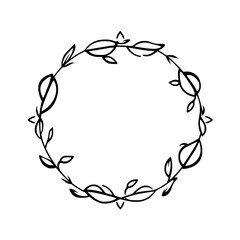 Minimalist Black Ink Wreath: Circular Composition of Leaves and Vines on a White Backdrop, Ideal for Invitations and Designs.