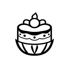 A whimsical, decorative black and white vector illustration of a layered cake with ornamental toppings, sitting atop a stylized plate, isolated on white.
