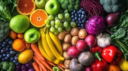 A vibrant rainbow of fruits and vegetables, showcasing the diversity in colors for healthy eating and dieting, with each color representing different types of fresh produce including green apples, yel
