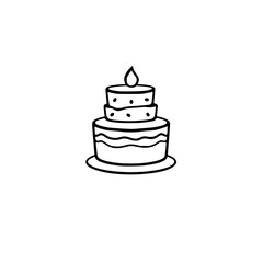 A simplistic, minimalist three-tiered cake with candle, in black and white, positioned centrally against a clean white background.